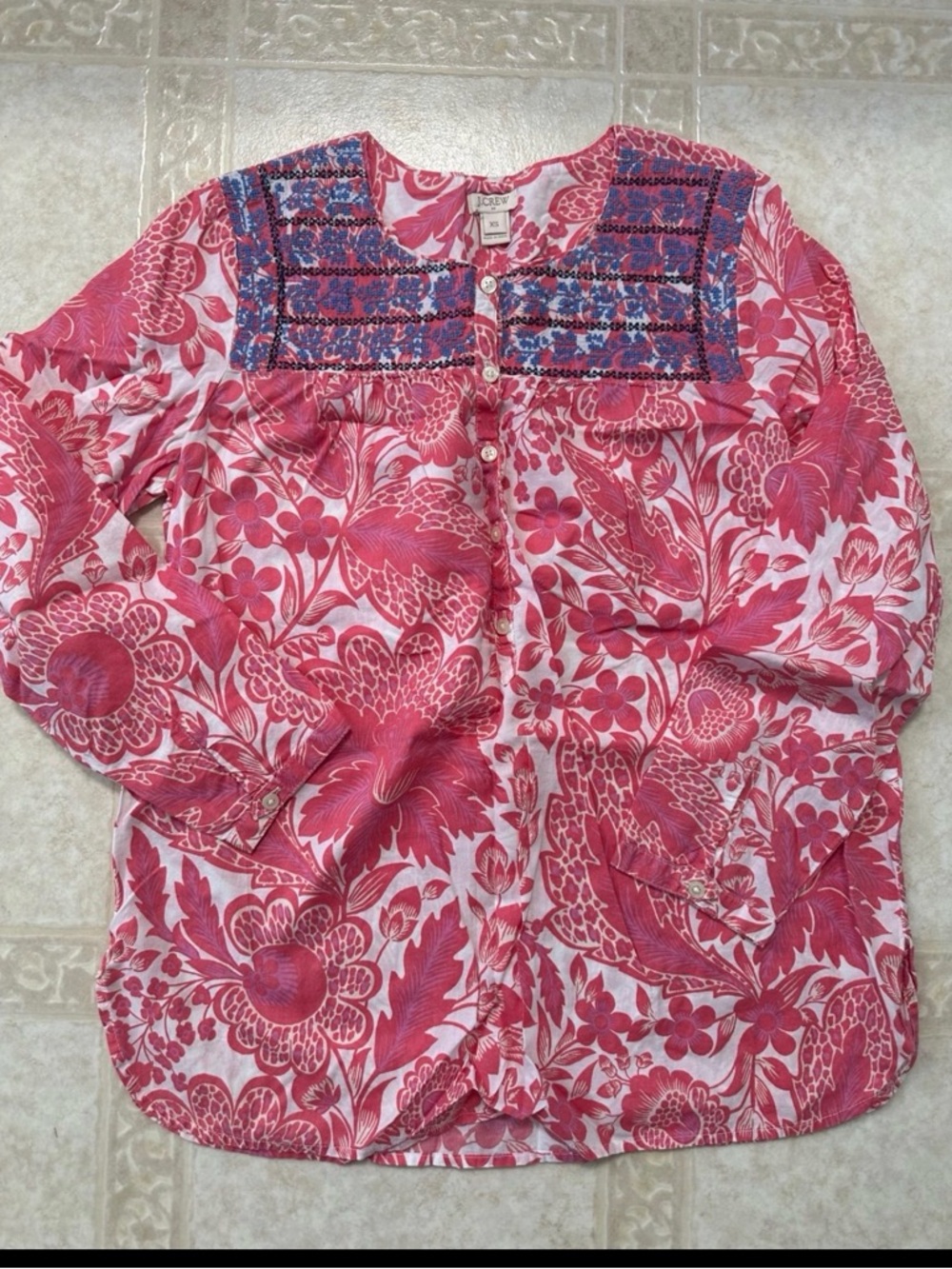 J. Crew Pink Floral Button-Front Blouse with Blue Embroidered Yoke